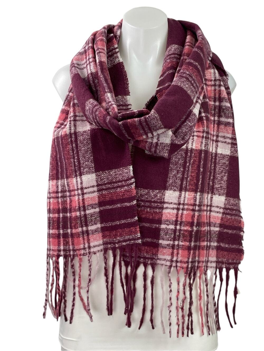 NWT Ann Taylor LOFT Pink Maroon Check Plaid Fringe Wrap Shawl Neck Scarf OS